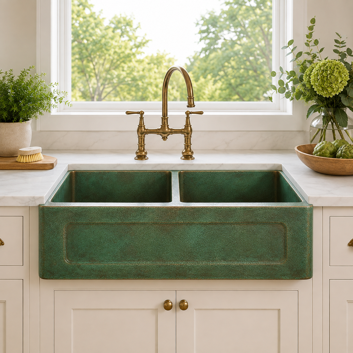 Green Verdigris Copper Double Bowl Farmhouse Sink
