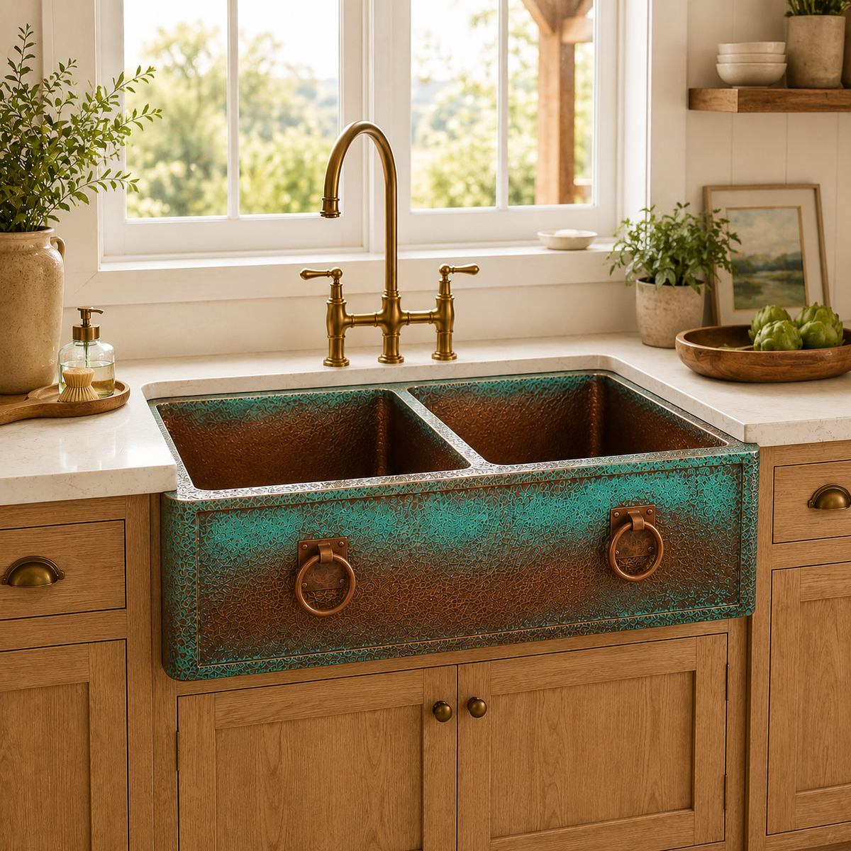 Ombre Verdigris Copper Double Bowl Sink with Ring Handles