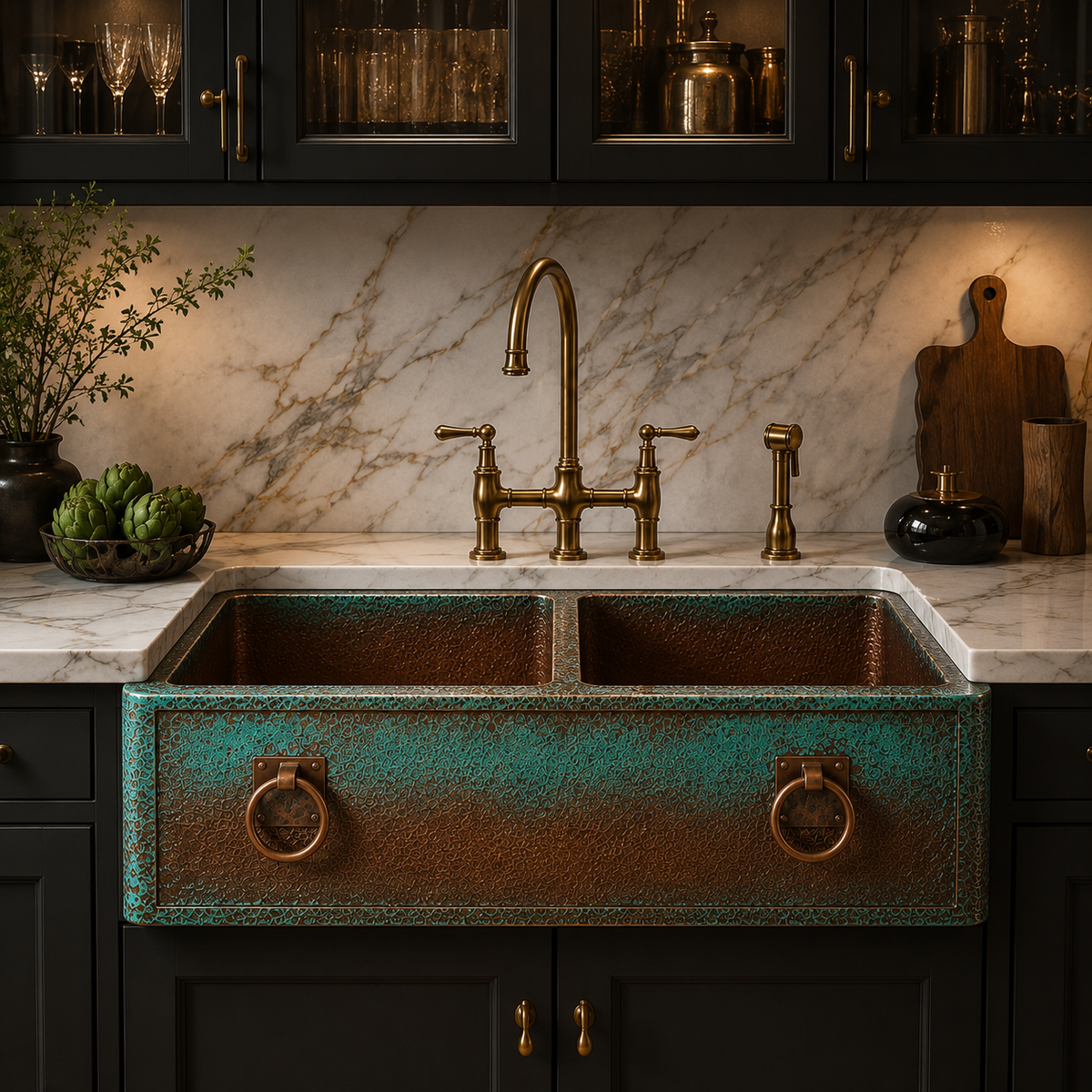 Ombre Verdigris Copper Double Bowl Sink with Ring Handles