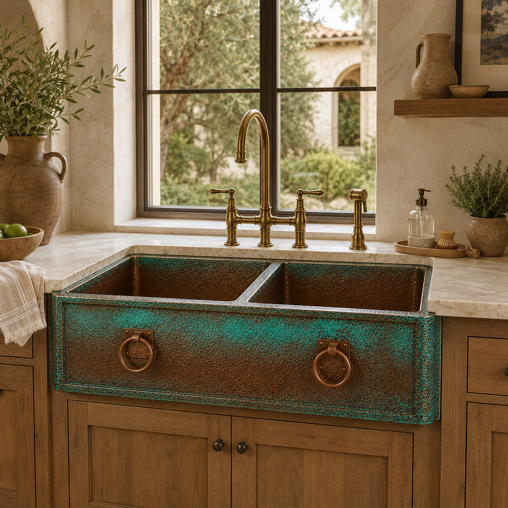 Ombre Verdigris Copper Double Bowl Sink with Ring Handles