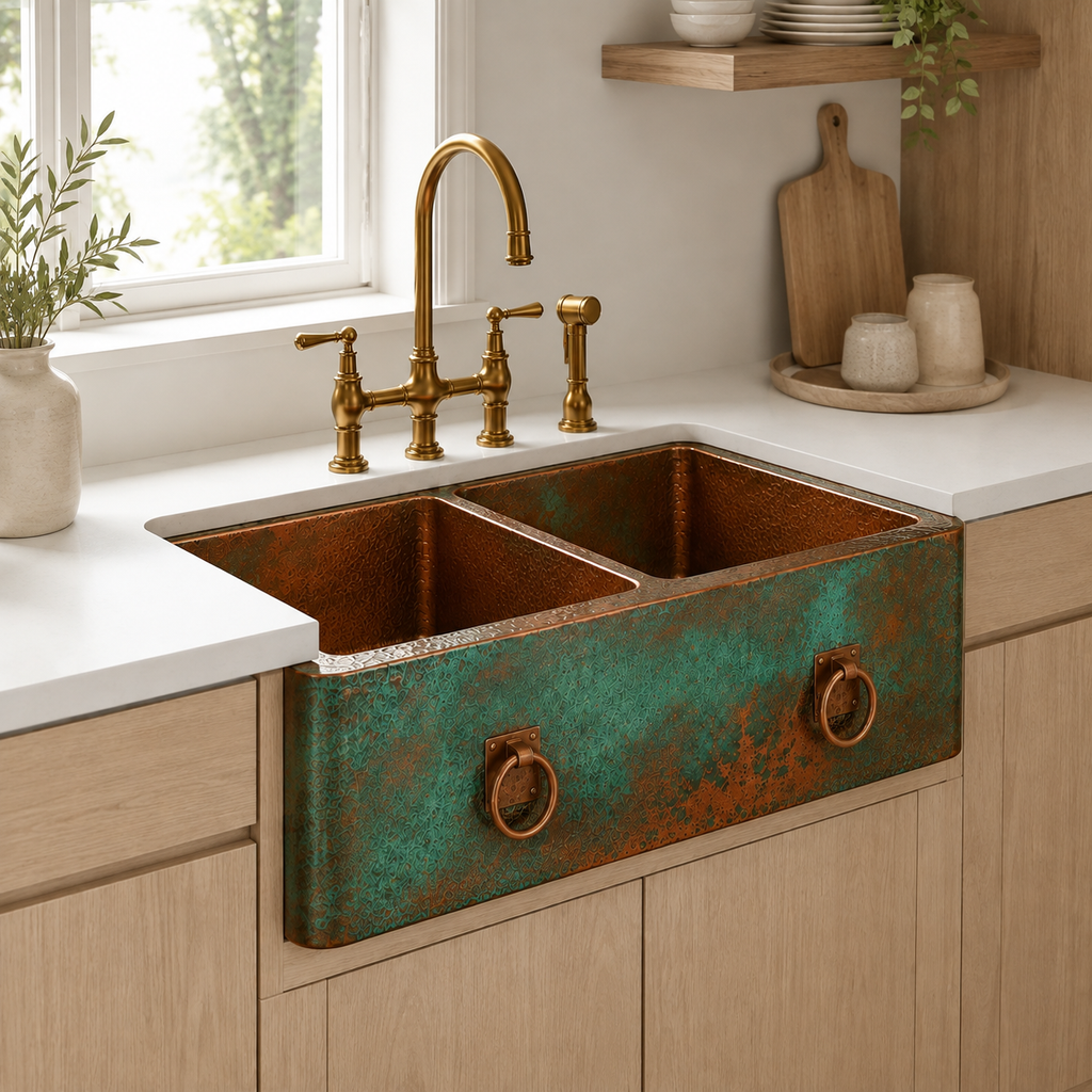 Ombre Verdigris Copper Double Bowl Sink with Ring Handles